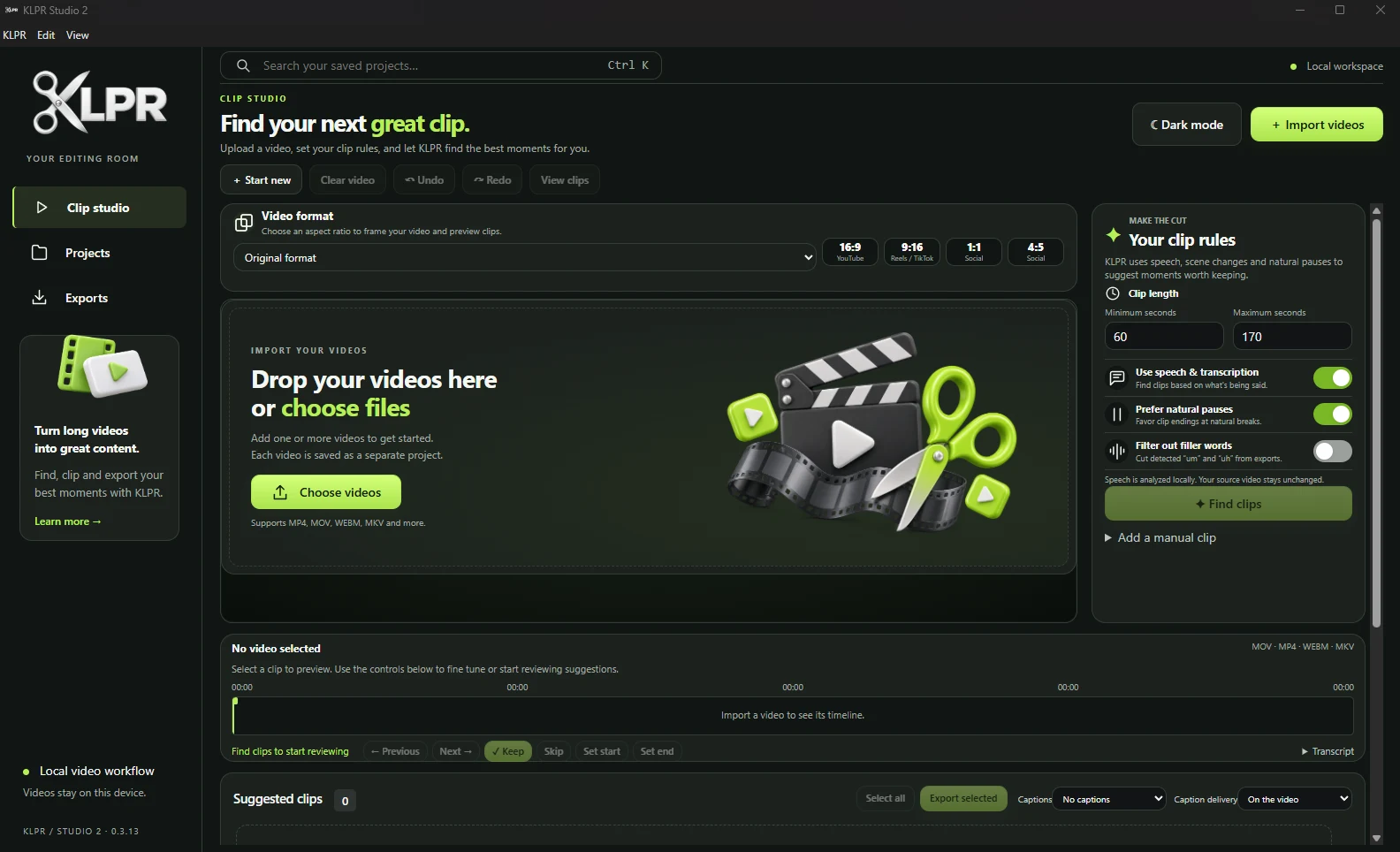 Actual KLPR Windows dark-mode import screen showing local video workflow and clip rules